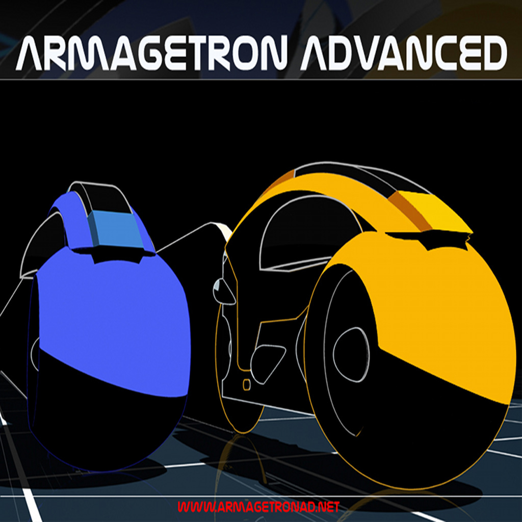 Armagetron Advanced: two light cycles, blue and yellow, on the grid